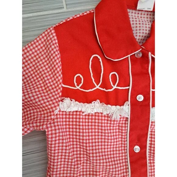 Vtg Sears Girls Red White Embroidered Western  Long Sleeve Shirt 6X Cotton Blend - Picture 2 of 8